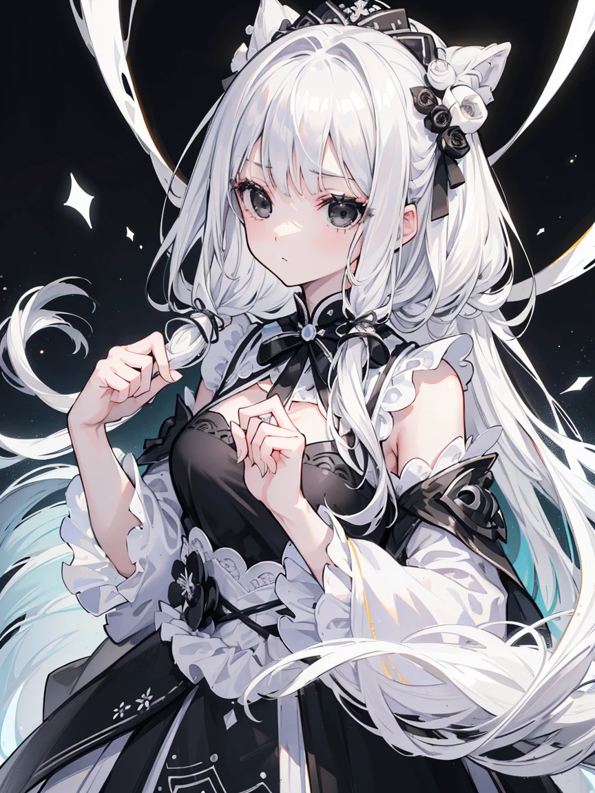 (Top image quality)、(Very detailed)、(Facing forward)、Top quality、masterpiece、(((1 girl )))、Silver Hair、White hair、((Long hair))、Weaving、(black eyes:1.6)、(White and black cheongsam)、Hooded dress、Lots of decorations、Lots of ribbons、White Ribbon、serious、Fluffy loose hair