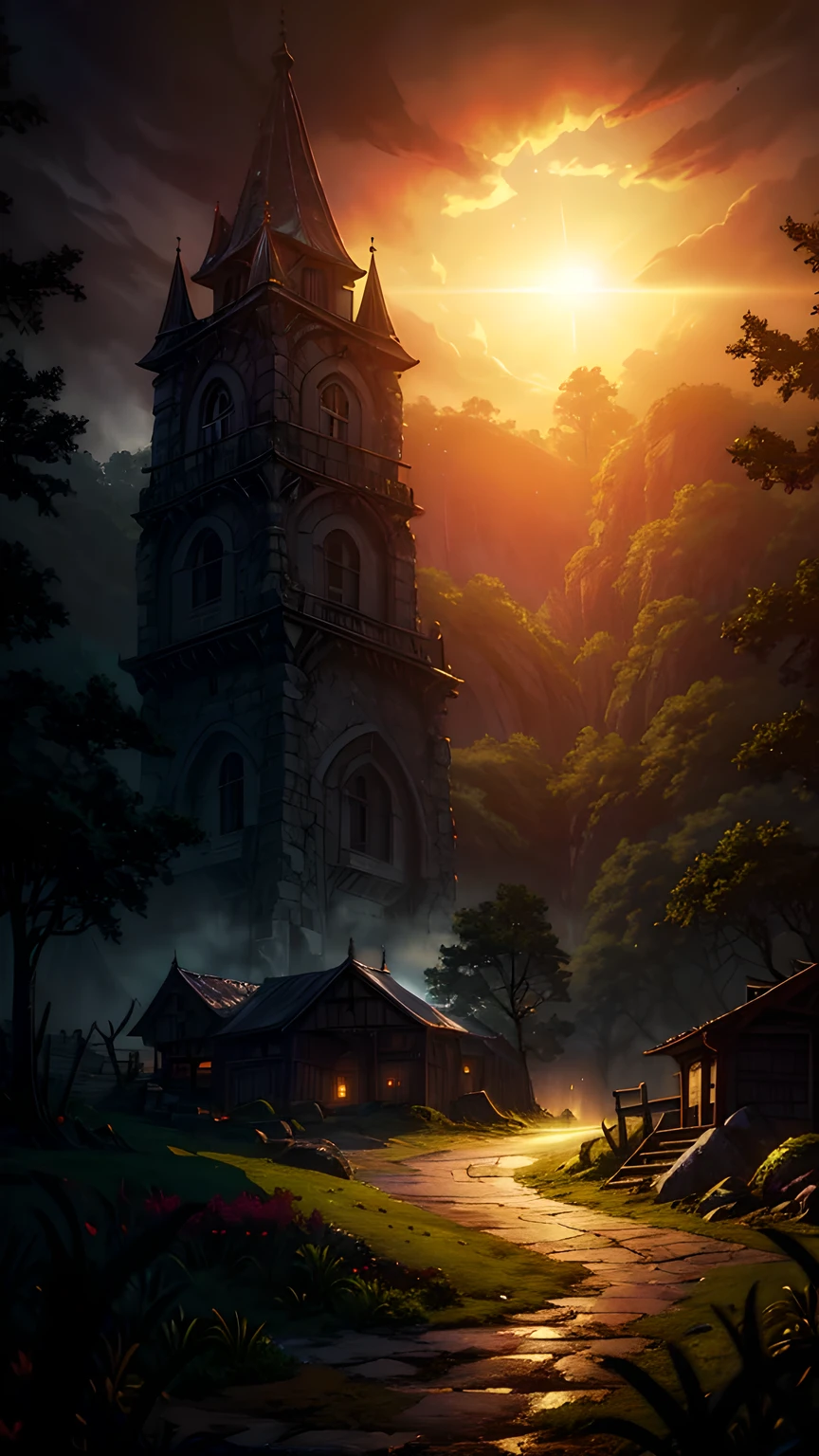 realistic dark oil painting of a medieval village at sunrise, moss, mist, misty, Eyeshadow, misterious, myth, dark, Light shining through the forest, surrounding, Depth of Field, Volumetric Lighting, light, Moody, heavy darkness, Black sky, low angle perspective, Courtesy of Evander Earle,Fairy tale world
