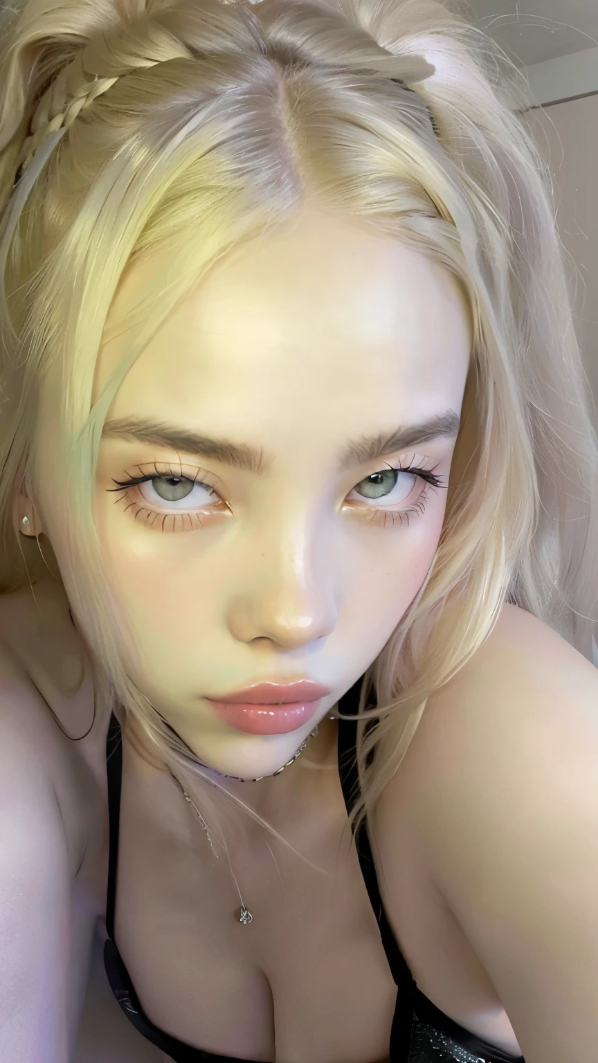 a close-up of Jennie taking a selfie in a black dress, 18 years old, ava max, long blonde hair and big eyes, a gorgeous blonde, 21 years,  with long blonde hair, 2 4 year old female model, 22 years old, jaw dropping beauty, Kailee Mandel, violet myers, jennie blackpink