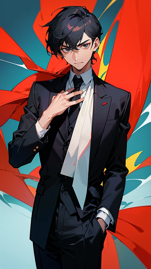 A man who is stand in black coloured suit and folder is hand and looking little bit upward he had a red coloured handkerchief in his pocket and pasighat in his lower hand