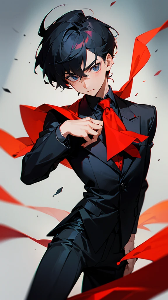 A man who is stand in black coloured suit and folder is hand and looking little bit upward he had a red coloured handkerchief in his pocket and pasighat in his lower hand