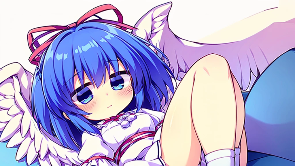 (best quality,4k,8k,highres,masterpiece:1.2), top-quality(masterpiece), top-quality, ultra-detailed, highly detailed texture, intricate details, high quality textures, A cute age angel with blue eyes, big pink ribbon in her hair, drawn in anime style, 1girl, (((1girl in))), , 10 y(loli))), ((child), medium blue hair, hair flaps, pink ribbon on head, well-formed face, Beautiful face, blue eyes, pretty eyes, angel girl, white blouse, puffy short sleeves, red ribbon, angel wings, long white skirt, red shoes, frills, ribbon head, A pair of angel wings on the back, clean line drawings, cute