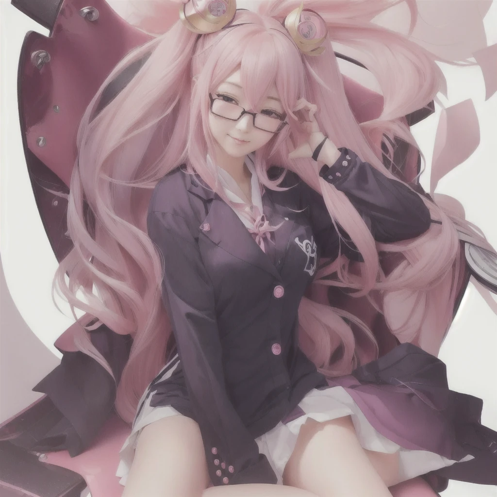 Anime girl with long pink hair and glasses sitting on a chair, Best anime 4k konachan wallpaper, Anime Art Wallpapers 8K, Zerochan Art, anime art wallpaper 4k, anime art wallpaper 4k, Detailed digital anime art, Danganronpa digital art, guweiz on pixiv artstation, Junko Enoshima from Danganronpa