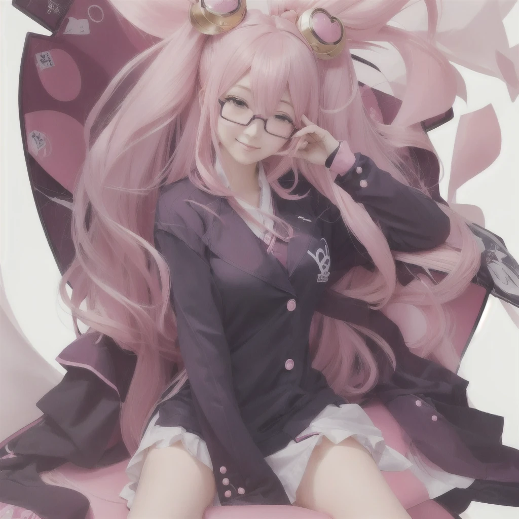 Anime girl with long pink hair and glasses sitting on a chair, Best anime 4k konachan wallpaper, Anime Art Wallpapers 8K, Zerochan Art, anime art wallpaper 4k, anime art wallpaper 4k, Detailed digital anime art, Danganronpa digital art, guweiz on pixiv artstation, Junko Enoshima from Danganronpa