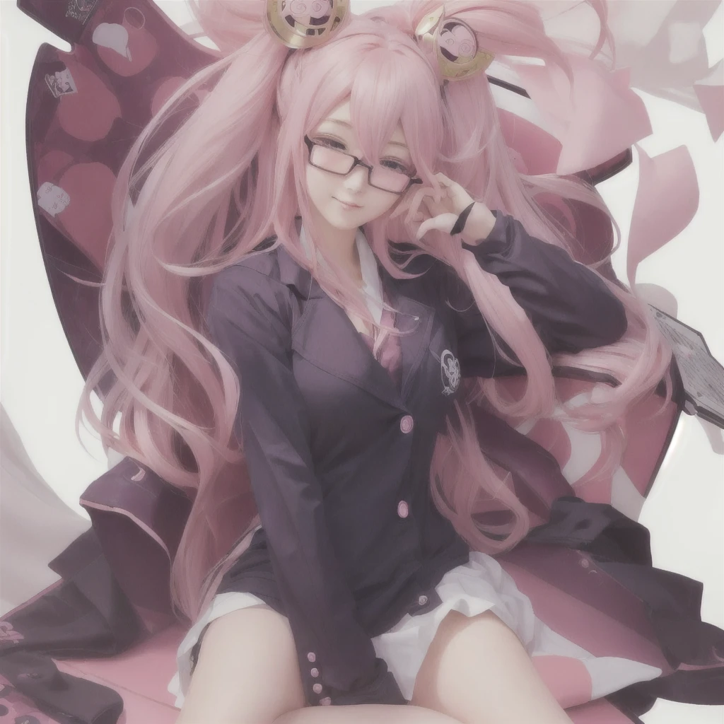 Anime girl with long pink hair and glasses sitting on a chair, Best anime 4k konachan wallpaper, Anime Art Wallpapers 8K, Zerochan Art, anime art wallpaper 4k, anime art wallpaper 4k, Detailed digital anime art, Danganronpa digital art, guweiz on pixiv artstation, Junko Enoshima from Danganronpa