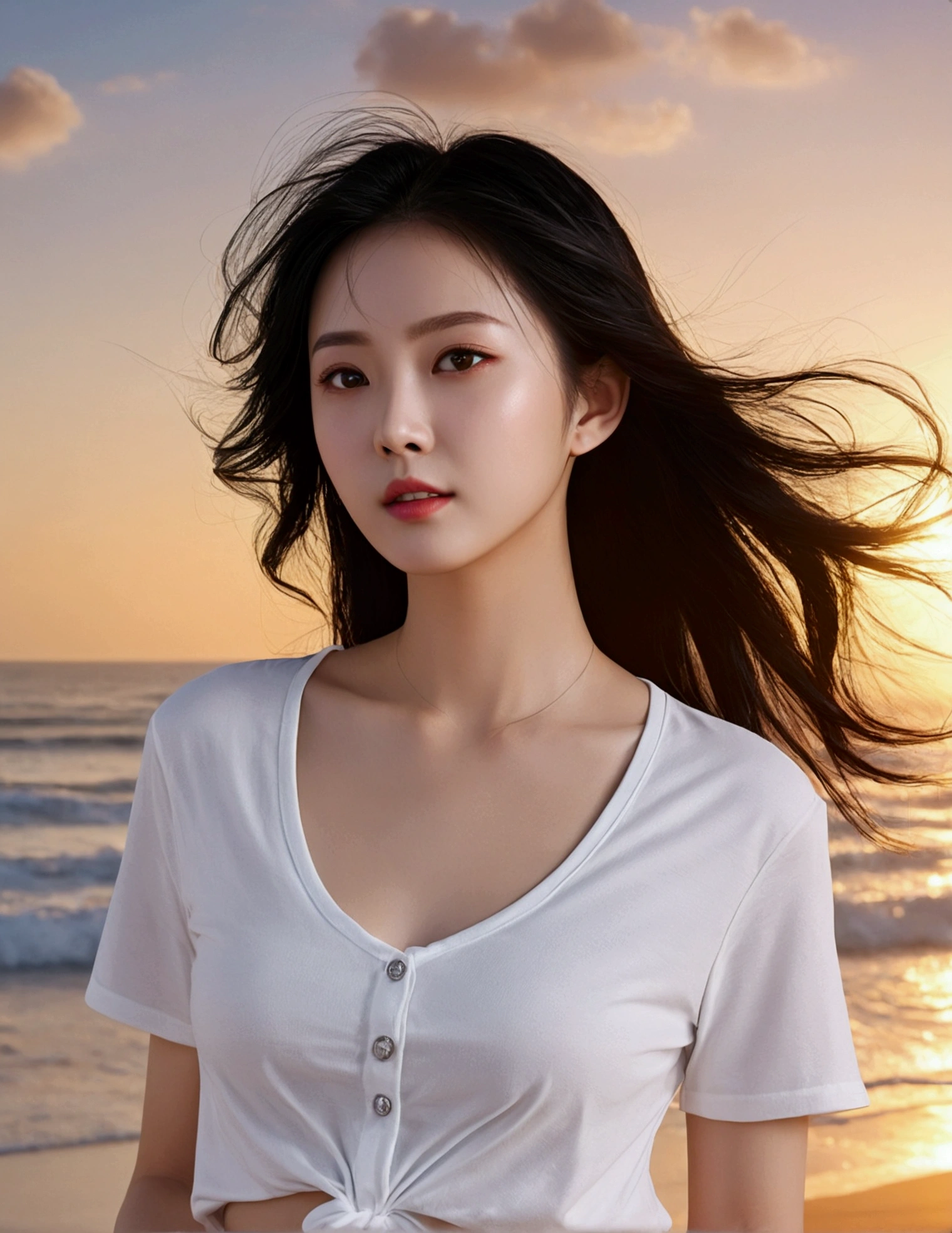 (logo、masterpiece、8k、Tabletop、RAW Photos、wonderful、最high quality、Photorealistic and Very detailed CG integrated 8k wallpaper、high quality、Very detailed、Narrative poem、Particle Effects、Dynamic Effects、Written boundary depth、Cinematic Light、Lens flare、Ray Tracing)、Fantasy、 (One beautiful woman、White pants、White T-shirt、White tube top、White crop top、Black-haired、Beautiful Face、True Face、Beautiful details、eye、Beautiful Skin、Ultimate Body、glamorous)、私の髪はWindに舞う、Hair flutters in Wind、Hair bounces、Seaside、wonderful景色、Coastal、sunrise、Sun in the background、Wind、Beach