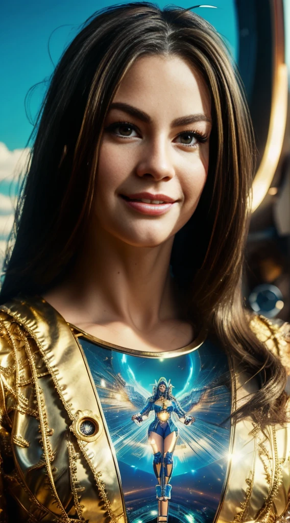 there is a woman in a dress standing in front of a giant robot, by Don Maitz, portrait of sofia vergara, promotional art, attractive brown hair woman, retropunk, protagonist in foreground, inspired by Louis Pohl, mechanic, anime visual of a young woman, compute shader, inspired by Donato Giancola, youtube thumbnail, chrome art  