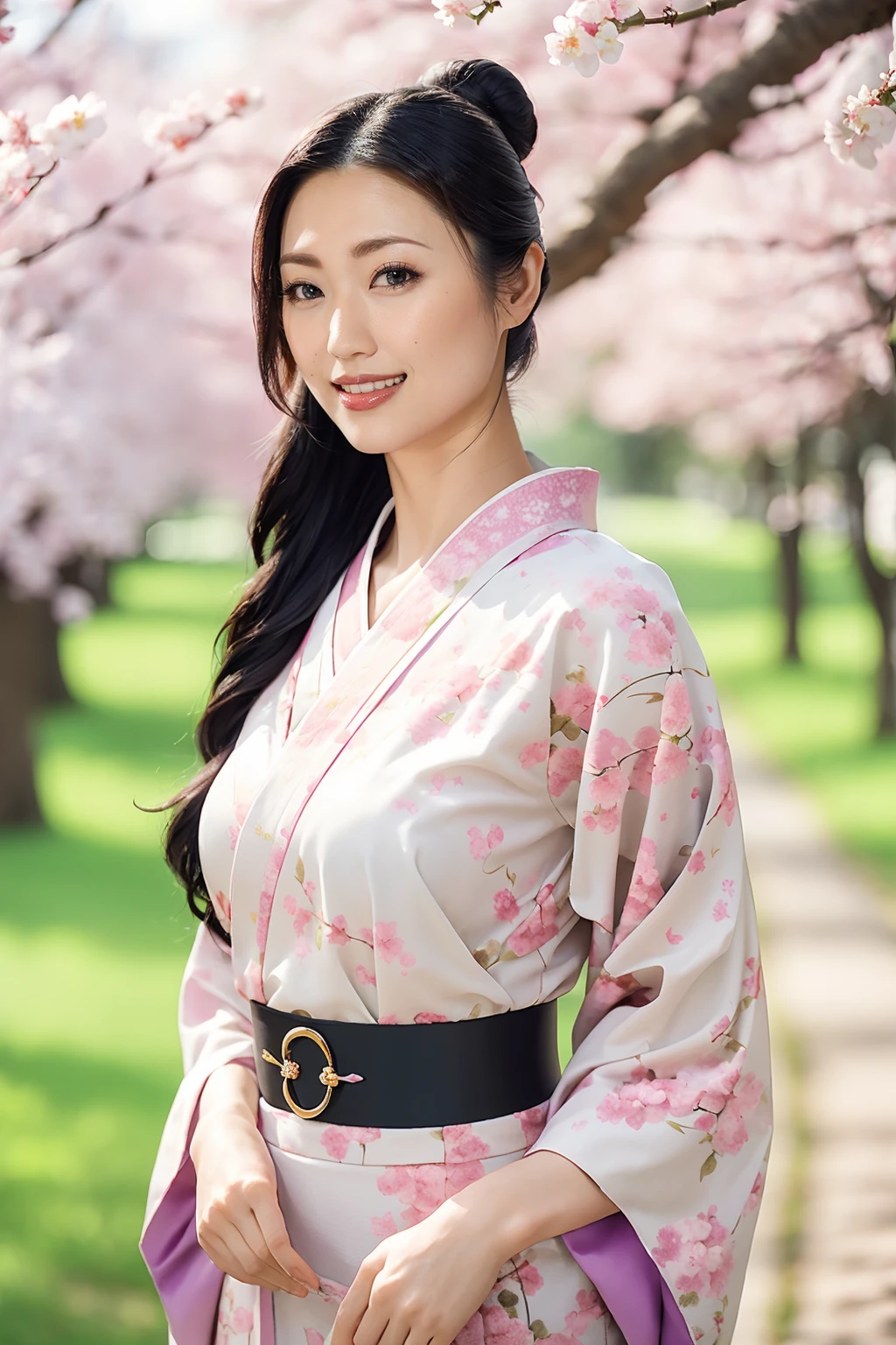(Highest quality、Tabletop、8k、Best image quality、Award-winning works)、(一人のbeautiful成熟した女性:1.1)、Adult face、(Japanese Hair Lady:1.1)、(上品な花柄がbeautiful最高級の白着物:1.2)、(A kimono with a perfect and precise collar:1.2)、Perfect mature woman portrait photo、Glowing Skin、Standing Elegantly、(Strongly blurred cherry blossom park background:1.3)、(Strongly blurred background:1.2)、Glowing Skin、とてもbeautiful肌、(Accentuate your body lines:1.1)、(The most graceful posture:1.2)、(Large Breasts:1.2)、(Voluptuous body:1.3)、A perfect smile、完璧なbeautiful光沢のある唇、(Accurate anatomy:1.2)、(A perfect and elegant outfit:1.1)、(Standing with good posture:1.1)、(beautiful, Elegant and high-quality patterned kimono:1.2)、、(完璧で自然なbeautiful袖:1.2)、(完璧で自然なbeautiful首輪:1.2)、(完璧で自然なbeautiful袖:1.2)、(Elegant and high-quality patterned kimono帯:1.4)、(The perfect wide belt:1.2)、(完璧で自然なbeautiful着物帯:1.1)、(Hair Bun:1.3)、(Face close-up:1.5)、(Look at me and smile:1.2)