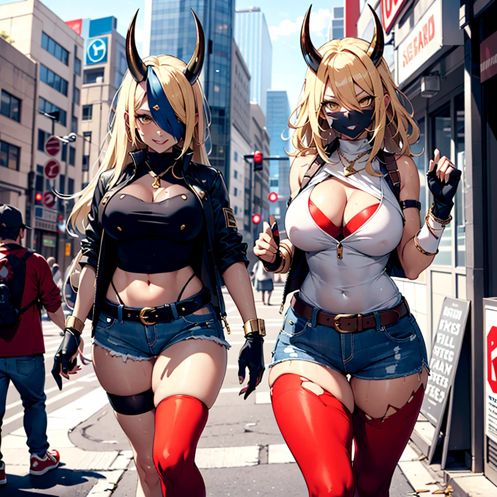 ((best quality)), ((masterpiece)), (detailed), 1girl, 8k_wallpaper, extremely detailed eyes, extremely detailed body, beautiful face, perfect face, detailed ((blonde hair)), (gold eyes), (( big blue horns)), {{dark skin}}, ({dark skinned female}), gigantic breasts, thick thighs, strong arm and leg muscles, strong abdominal muscles, Korean girl, a predatory mischievous smile with fangs, a vulgar smile, a playful look, style - a hot rock girl, a dark red open jacket with rolled up sleeves, a belt of yellow silk and gold chains, gold bracelets and leather short gloves, short denim mini shorts through which the outlines of a wet woman appear pussy, a rock guitar hanging behind his back, walking down the street of the evening city,