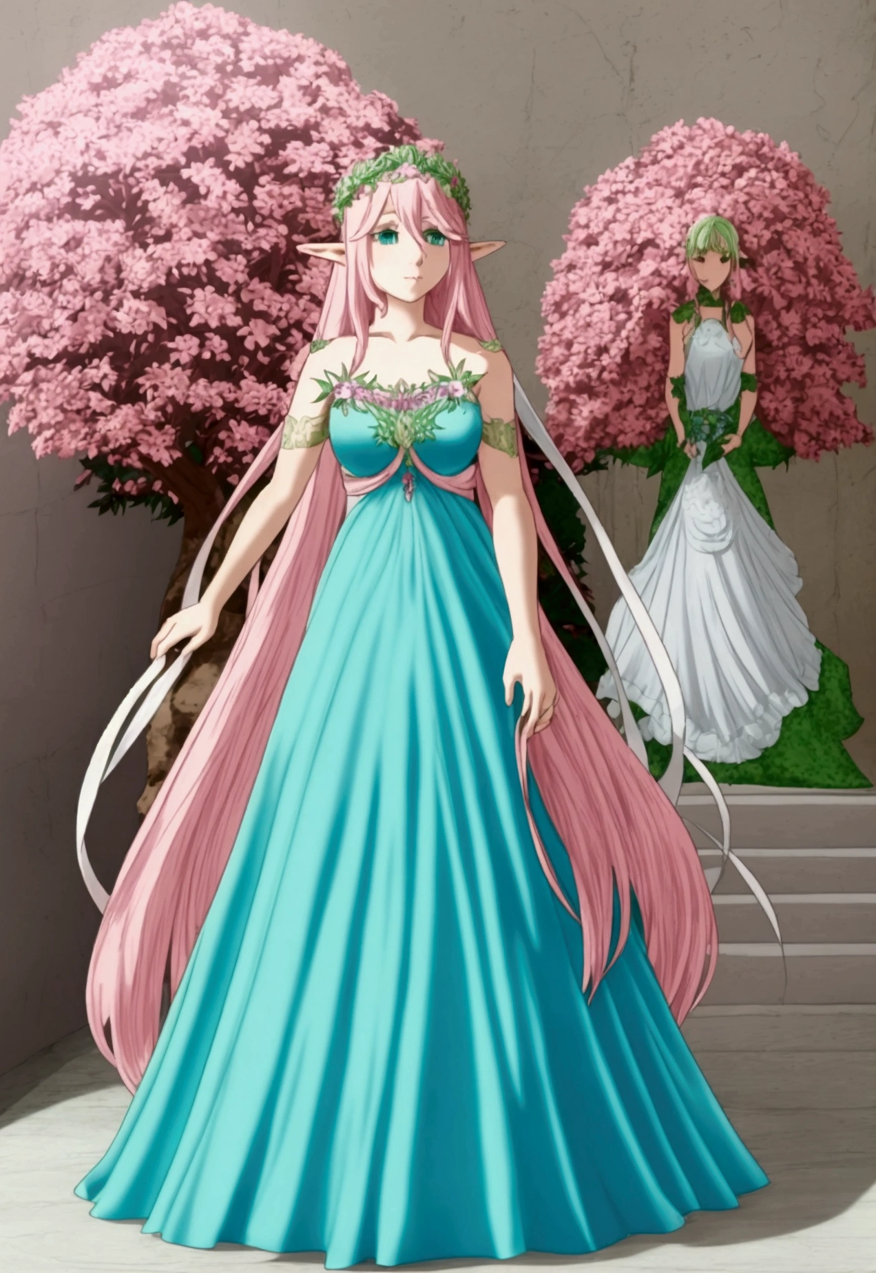 beautiful adult women elf, long pink hair and blue streaks hair, green eyes, with flower crown, puffy ball gown dress. elegant, full body