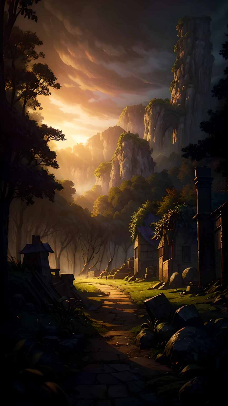 realistic dark oil painting of a medieval village at sunrise, moss, mist, misty, Eyeshadow, misterious, myth, dark, Light shining through the forest, surrounding, Depth of Field, Volumetric Lighting, light, Moody, heavy darkness, Black sky, low angle perspective, Courtesy of Evander Earle,Fairy tale world