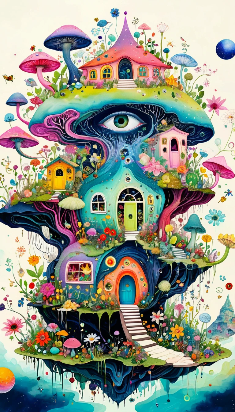 Intense visual fusion of various elements,broto,microorganism、plantar、flower house、Eye、wild animal life,Stitching an abstract painting,Describing the inner world of autistic people,Sense of space,blank space,interesting,innocence,psychedelic art,Elegant and soft color scheme