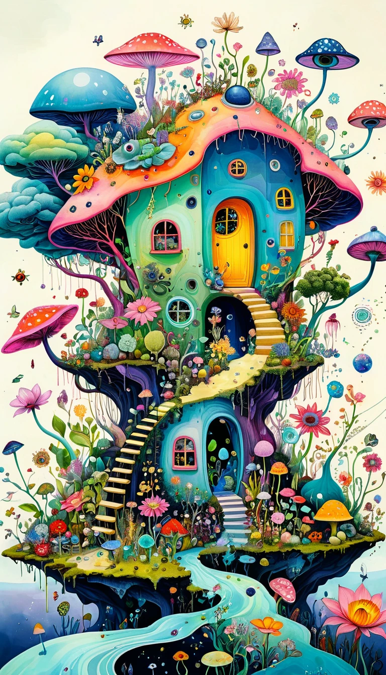 Intense visual fusion of various elements,broto,microorganism、plantar、flower house、Eye、wild animal life,Stitching an abstract painting,Describing the inner world of autistic people,Sense of space,blank space,interesting,innocence,psychedelic art,Elegant and soft color scheme