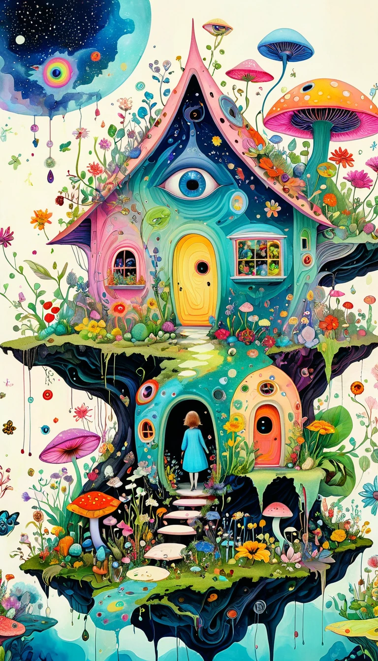 Intense visual fusion of various elements，broto，microorganism、plantar、flower house、Eye、wild animal life，Stitching an abstract painting，Describing the inner world of autistic people，Sense of space，blank space，interesting，innocence，psychedelic art，Elegant and soft color scheme
