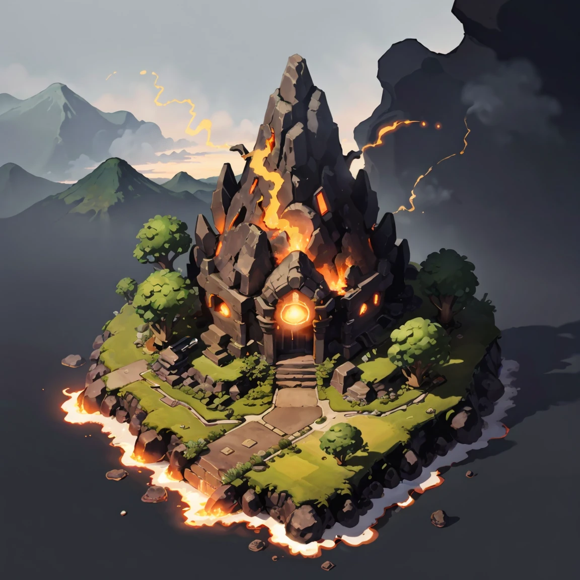 爆发的volcano，Bare rock，Magma is all over the ground，volcano，A black road filled with lava，red，There are sparks and black smoke in the sky，Genesis style，best quality，No humans，No humanoid monsters，nobody，Quarter view，Simple background，White background，fantasy，2D Game Art，Game architecture design，Best quality，Super Detail