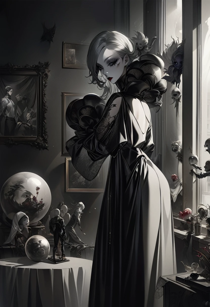 there is a male man titan in a latex black dress standing in a room with a large ball in  head, erwin olaf, dark surreal art, surreal dark art, surreal dark otherworldly mood, dark surrealism, surreal dark fantasy, natalie shau tom bagshaw, steven klein, surreal avant-garde style, yuri shwedoff and tom bagshaw, dark surrealist, full face round mask , empty black , horror , wall mount siluettes of people , 