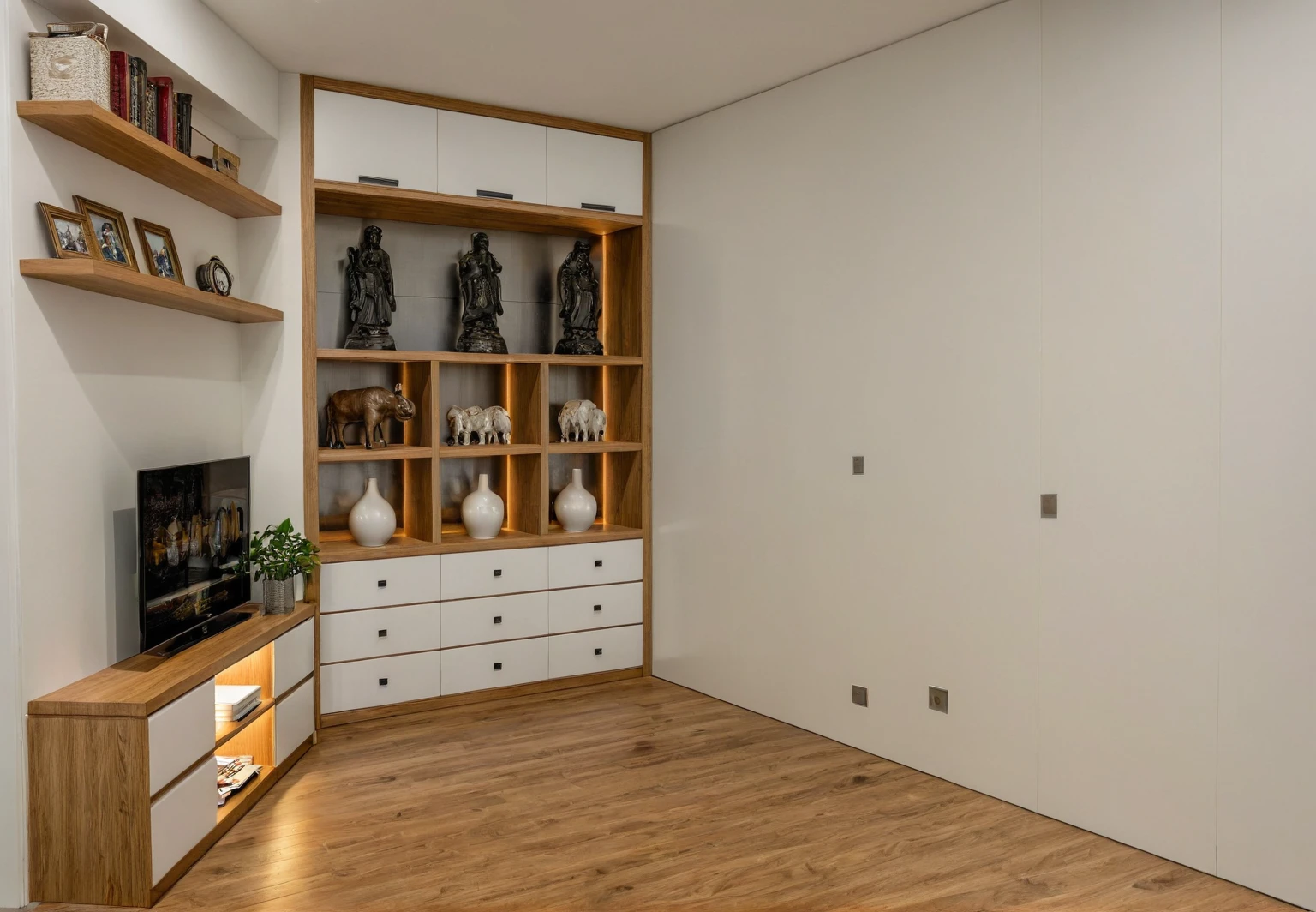Raw photo, Masterpiece, high quality, best quality, authentic, super detail, architecture, house, outdoors,  style modern, minimalist line, wooden, white paint wall, japan style, wasabi style, Jen style, steel stair, glass railing, paint wall decor, tree, street