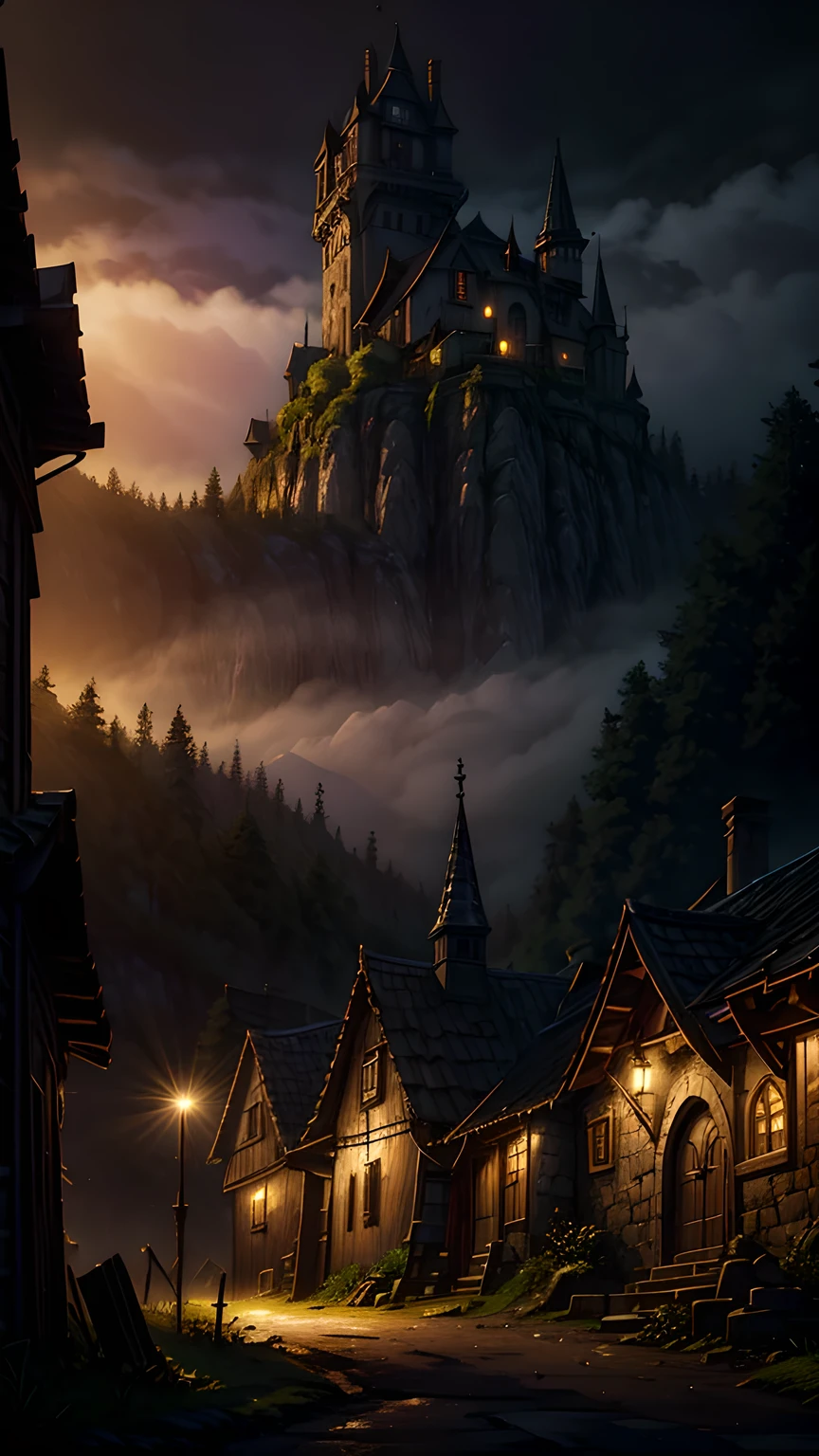 realistic dark oil painting of a medieval village at sunrise, moss, mist, misty, Eyeshadow, misterious, myth, dark, Light shining through the forest, surrounding, Depth of Field, Volumetric Lighting, light, Moody, heavy darkness, Black sky, low angle perspective, Courtesy of Evander Earle,Fairy tale world