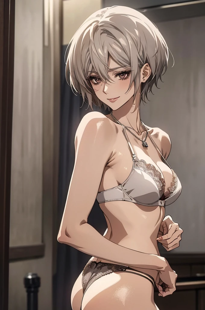 (Highest quality, High resolution, Very detailed), Silver Hair, Super short hair, Reddish brown eyes, lace thong bra, NUDE, Large Breasts, Perfect Makeup, necklace, 24th generation, Beautiful woman, mature, quiet, Calm, A small smile, office, look back,
