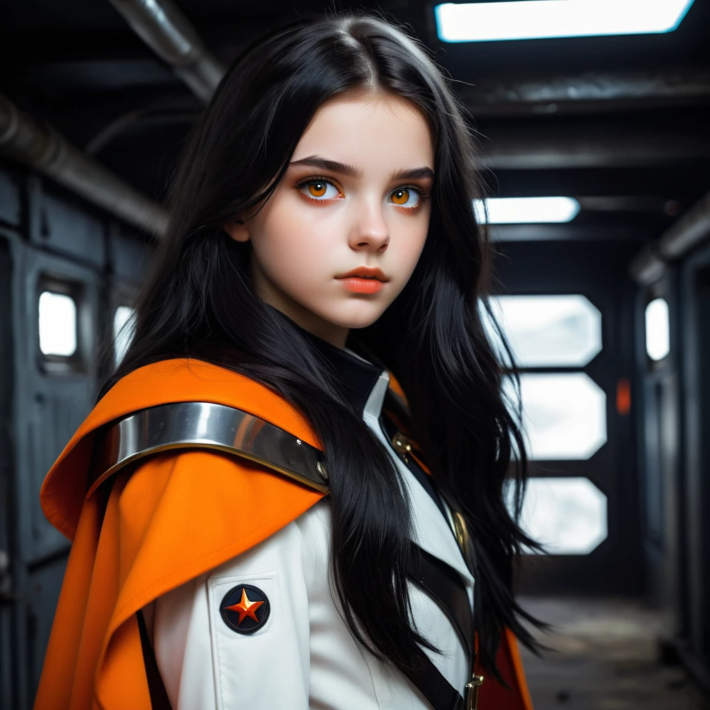 long black-haired white 17-year-old girl wear military suit, orange cape, big hazel eyes, sci-fi, dark mood, charturnerv2
