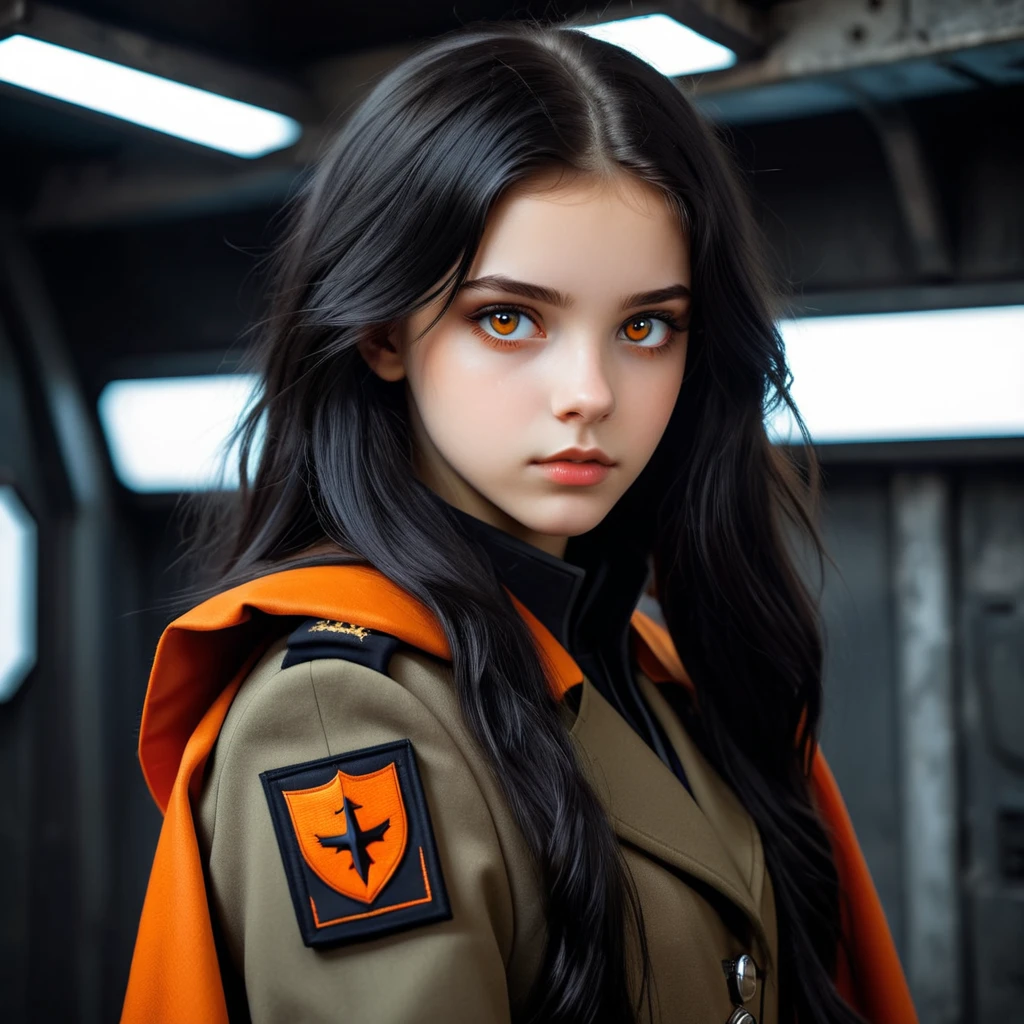 long black-haired white wear military suit, orange cape, big hazel eyes, sci-fi, dark mood, charturnerv2