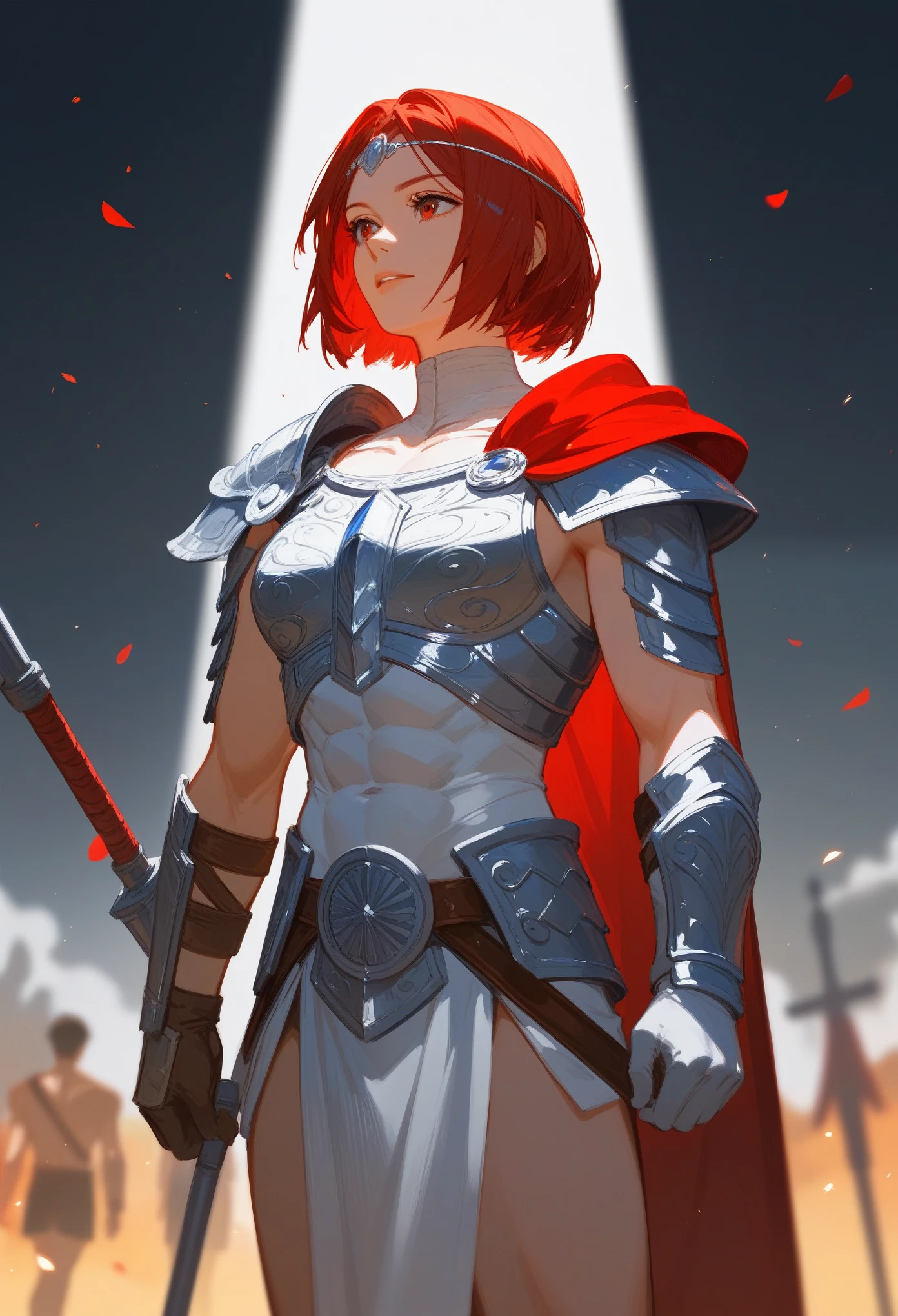 (Fraction_9,Fraction_8_Direction_7_up),1 a woman,(((bust))),(masterpiece:1.2), best quality, high resolution,,A gladiator with a perfect body,,Beautiful and neat face,Muscular body:1.4,Detailed chest armor, Gloves、Standing, (head to thigh images),(( Red Bob Shorthair )),, Simon Bisley's urban wild style,Detailed ancient Roman background,Clean abs, Complex equipment, Dark Brown,With white stars and off-white stripes,,,of armor, Poison Tattoo