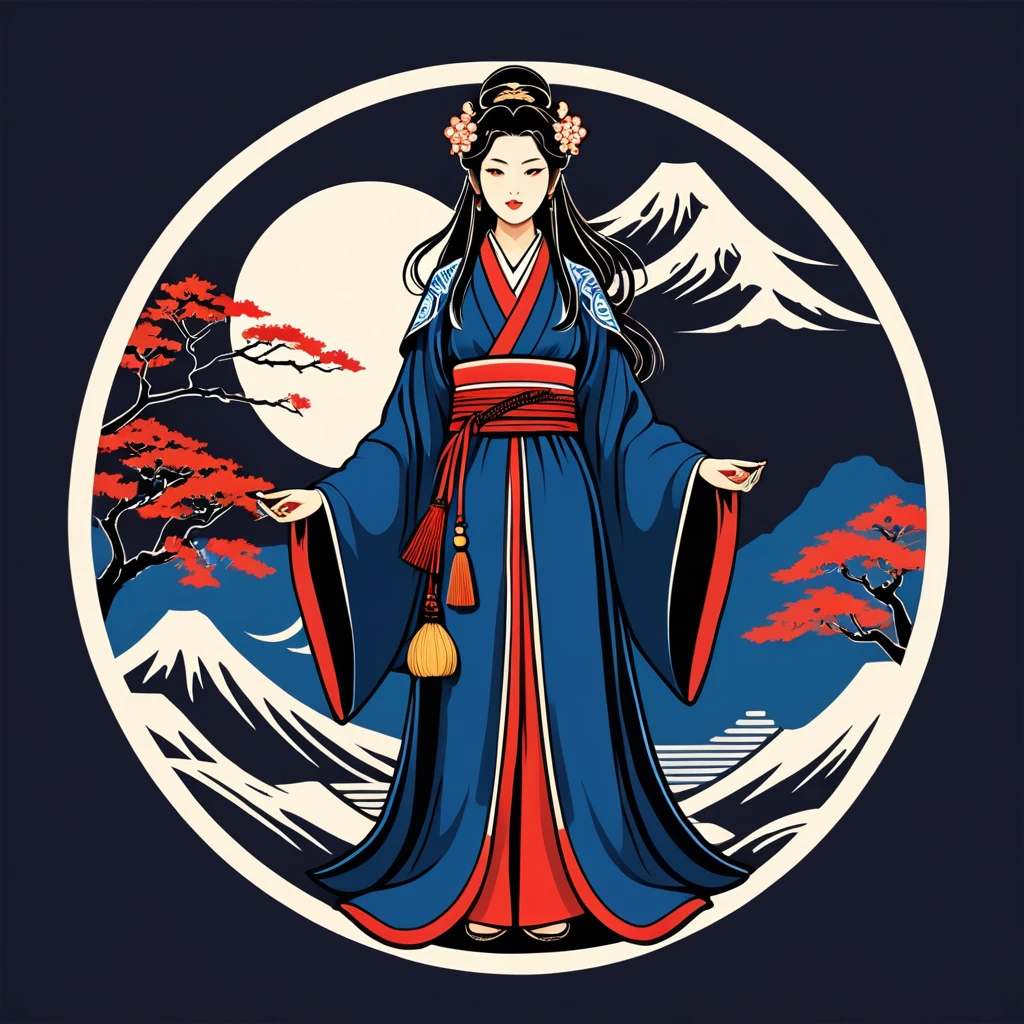 female sorcerer in japan folk outfit, vector graphics, strong contours, logo design