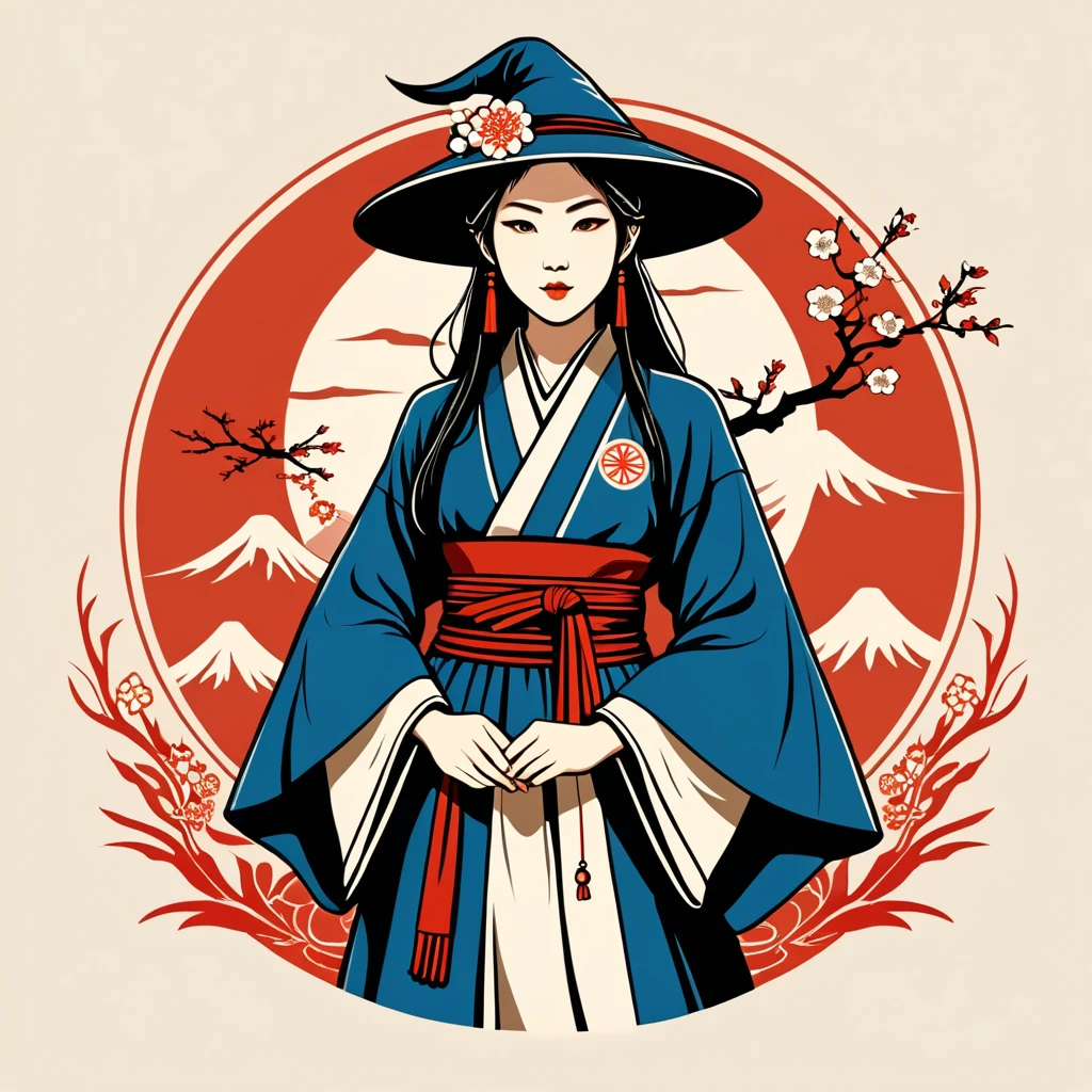 female sorcerer  in japan folk outfit, vector graphics, strong contours, logo design
