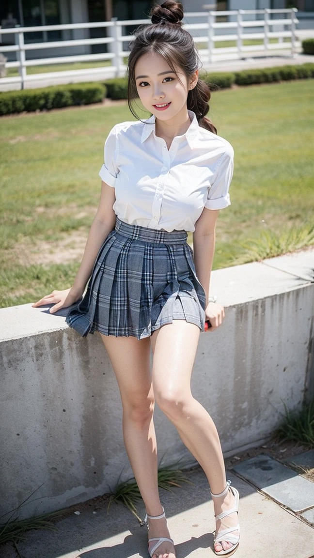 Wearing a white shirt, girl, Large breast bulge,(tight top:1.5),close your mouth and smile,legs long,((Short plaid pleated skirt:1.3)),White skin of the,high high quality,4K, Face-to-face audience, 1 plump girl,hair tying up,at the street side,(Bring your legs together:1.5),with a round face, 32 inches in the chest, (sexy pose),(standing pose) ,(full body shot)、Chest 32 inches, ,Stand on the grass and take pictures