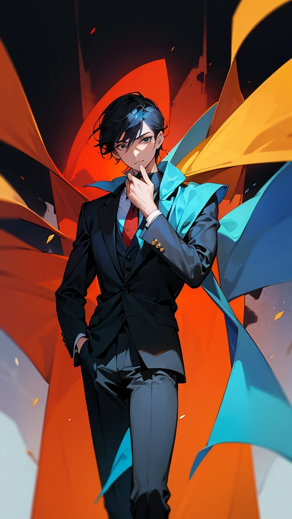 A man who is stand in black coloured suit and folder is hand and looking little bit upward he had a red coloured handkerchief in his pocket and pasighat in his lower hand the background is light blue and clear