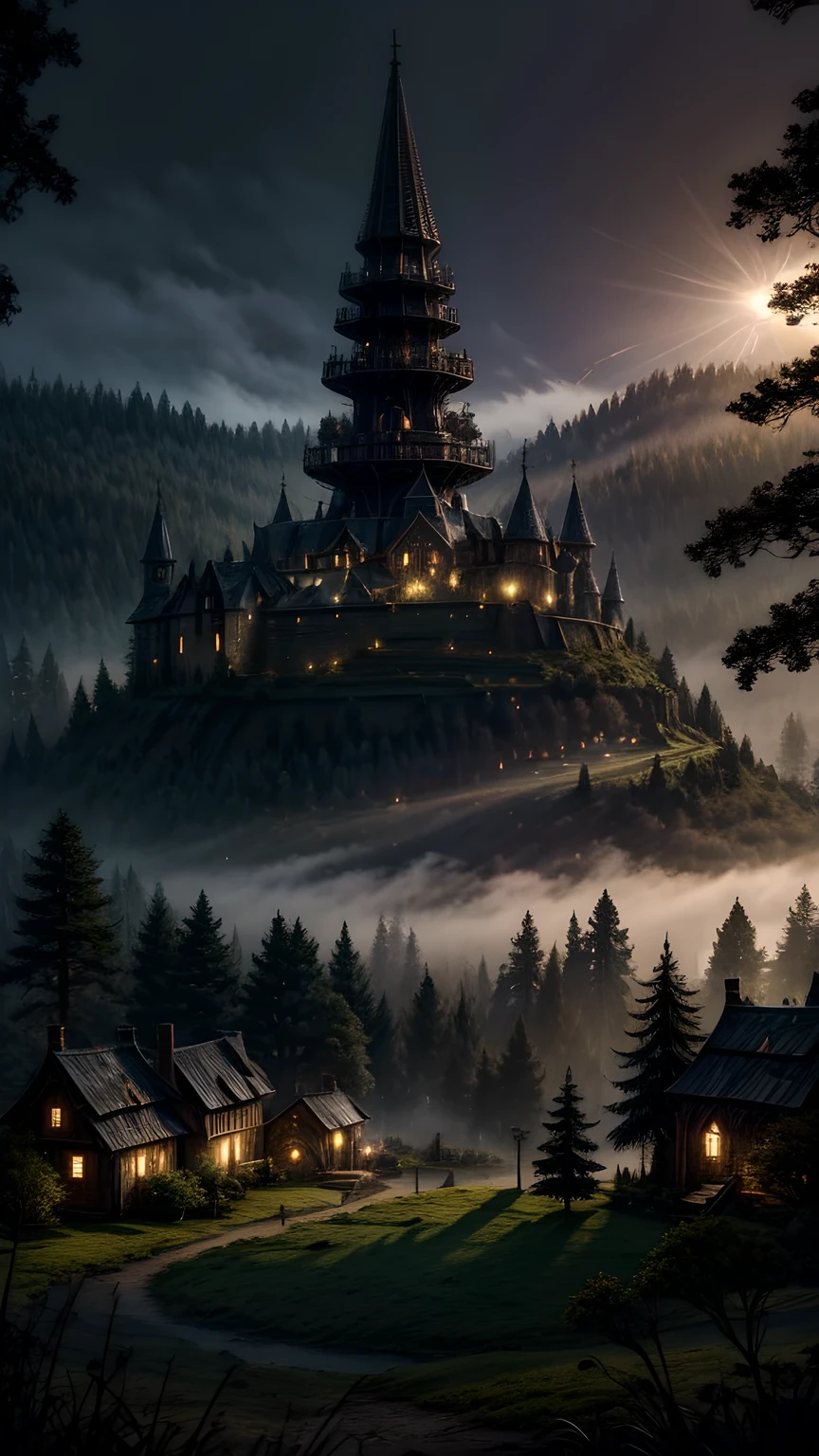 realistic dark oil painting of a medieval village at sunrise, moss, mist, misty, Eyeshadow, misterious, myth, dark, Light shining through the forest, surrounding, Depth of Field, Volumetric Lighting, light, Moody, heavy darkness, Black sky, low angle perspective, Courtesy of Evander Earle