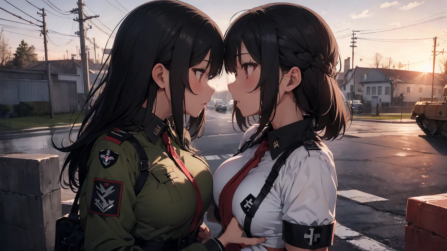 Gestapo uniform, female lesbian  kawaii sisters kissing passionately with T-54 military tank. wearing Luftwaffe uniforms. 8k. masterpiece. best quality. best artwork. lingerie. Swastika insignia red armband. bare breasts. sunset. rain