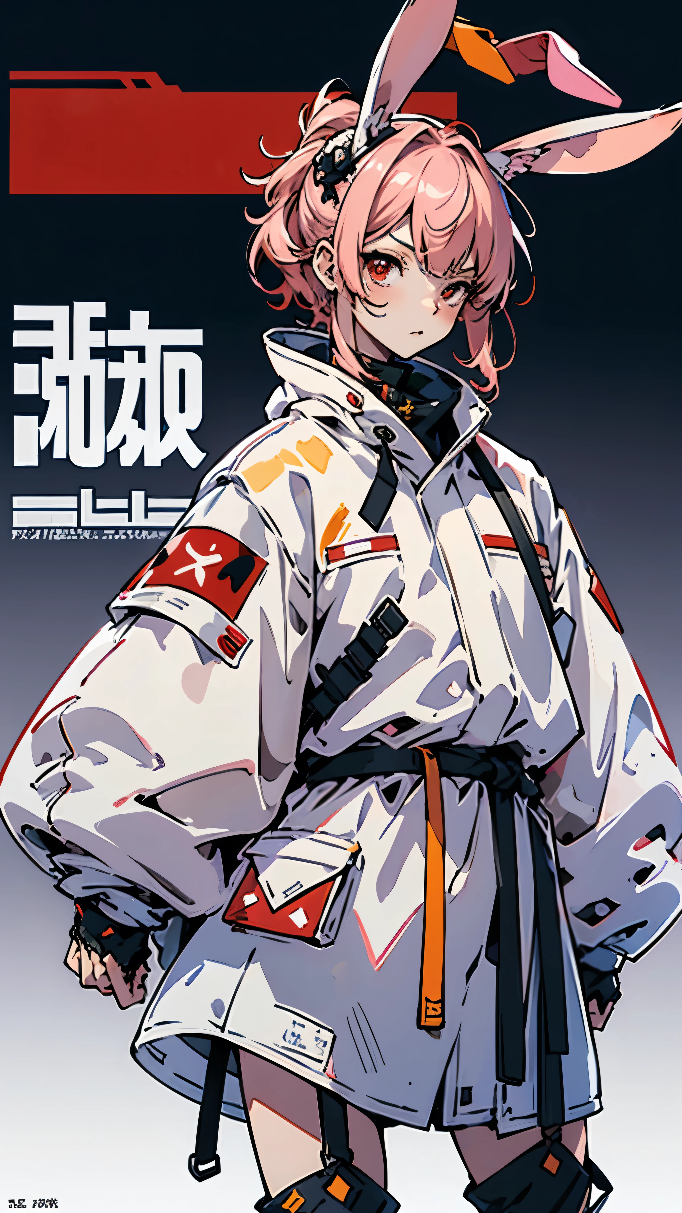 サイバーパンク, オーバーサイズパーカー, Wearing big sneakers, whole body, Simple Background, Magazine cover style, Light pink image color, Jumping, ウサギをテーマにしたキャラクター, male, red eyes, rabbit ears, tachi-e, projected inset, UHD, best quality, highres, 8k