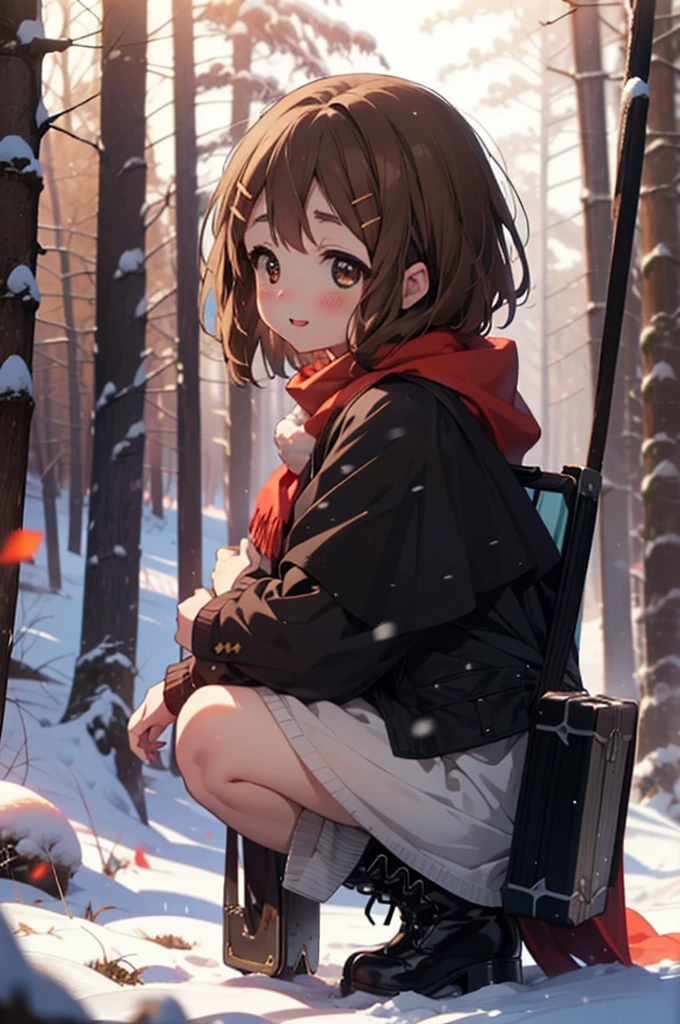 yuihirasawa, Yui Hirasawa, short hair, Brown Hair, hair ornaments, (Brown eyes:1.5), Hair Clip、smile,smile,blush,white breath,
Open your mouth,snow,Ground bonfire,, Outdoor, boots, snowing, From the side, wood, suitcase, Cape, Blurred, , forest, White handbag, nature,  Squat, Mouth closed, Cape, winter, Written boundary depth, Black shoes, red Cape break looking at viewer, Upper Body, whole body, break Outdoor, forest, nature, break (masterpiece:1.2), Highest quality, High resolution, unity 8k wallpaper, (shape:0.8), (Beautiful and beautiful eyes:1.6), Highly detailed face, Perfect lighting, Extremely detailed CG, (Perfect hands, Perfect Anatomy),