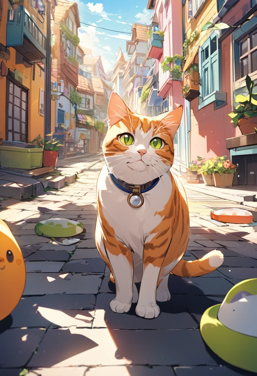 A composition with a real cat in a miniature town。The cat appears to be enjoying exploring the city.。Bright colors and bright sunshine、Enhance your cat&#39;s playfulness。