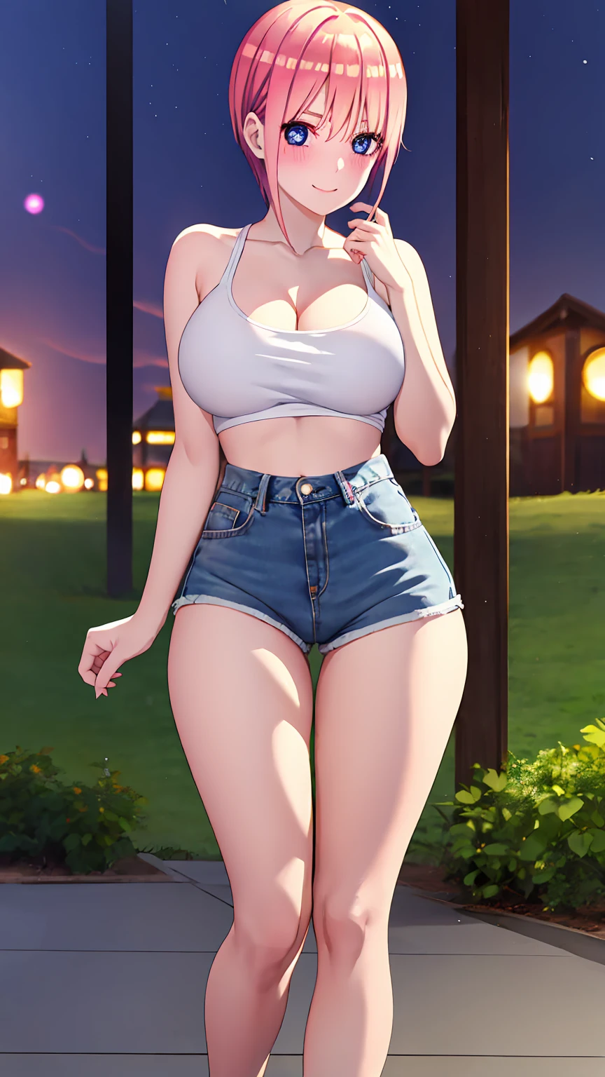 [ichika nakano, short hair, bangs, blue eyes, hair between eyes, pink hair,], 1girl, anime girl, anime, girl, 2d girl, 16y, (fullbody), seductive smile, blush, cleavage, Solo, Slim, Big breasts, large Breasts, sfw, cowboy shot, Tight Shorts, low waist shorts, upshorts, outdoors, night background, looking at viewer, darker shadows, (((shorts))), (((thigh gap))), (((lowleg shorts))),
