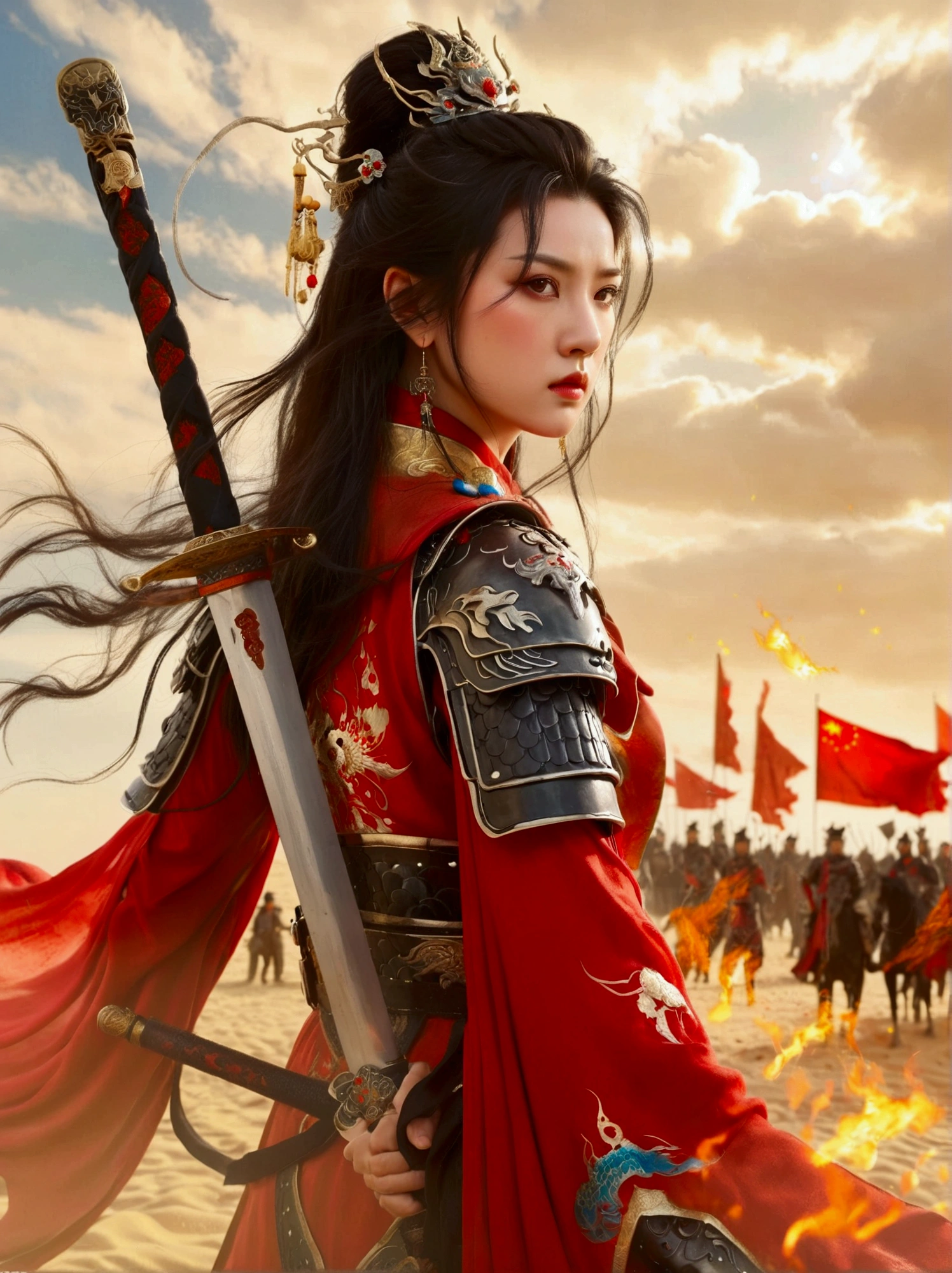 Chinese, Ancient battlefield, Chinese female general, holding a sword in her hand, Serious expression, whole body, Stunning facial features, Red robe, armor, boots, Yellow sand in the sky, Fire, Game Model, Stunning lighting, OC Rendering, Rim Light, Exquisite lighting, Very detailed, Epic creation, Ultra HD, best quality, masterpiece, high quality, 8k