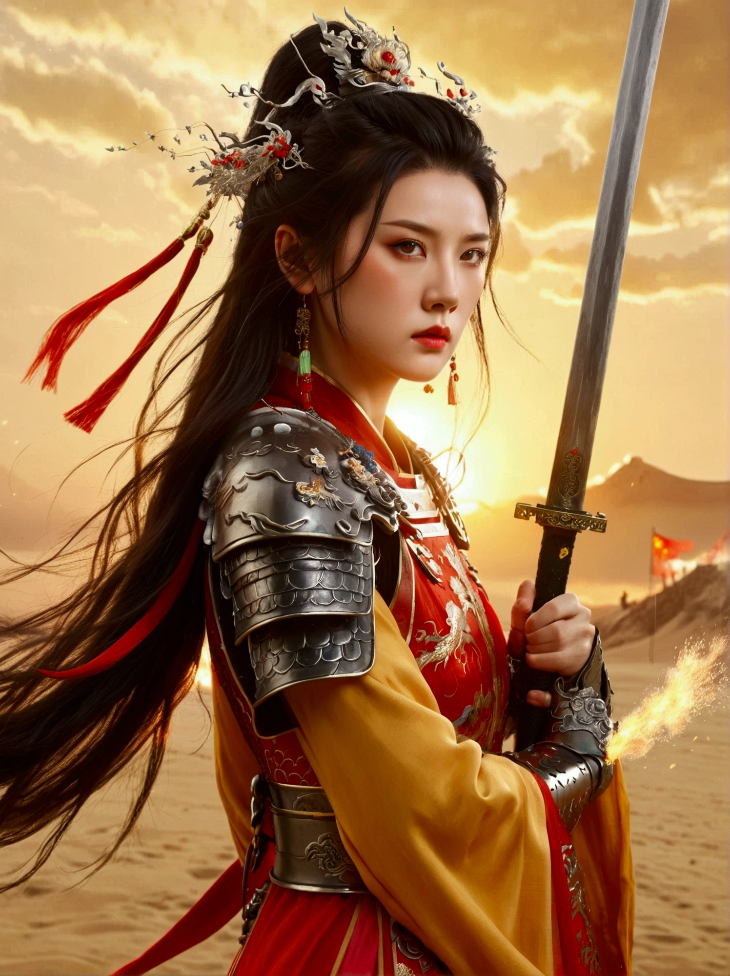 Chinese, Ancient battlefield, Chinese female general, holding a sword in her hand, Serious expression, whole body, Stunning facial features, Red robe, armor, boots, Yellow sand in the sky, Fire, Game Model, Stunning lighting, OC Rendering, Rim Light, Exquisite lighting, Very detailed, Epic creation, Ultra HD, best quality, masterpiece, high quality, 8k