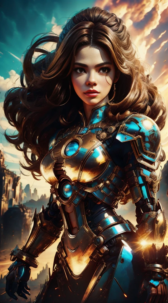 there is a woman in a dress standing in front of a giant robot, by Don Maitz, portrait of sofia vergara, promotional art, attractive brown hair woman, retropunk, protagonist in foreground, inspired by Louis Pohl, mechanic, anime visual of a young woman, compute shader, inspired by Donato Giancola, youtube thumbnail, chrome art  