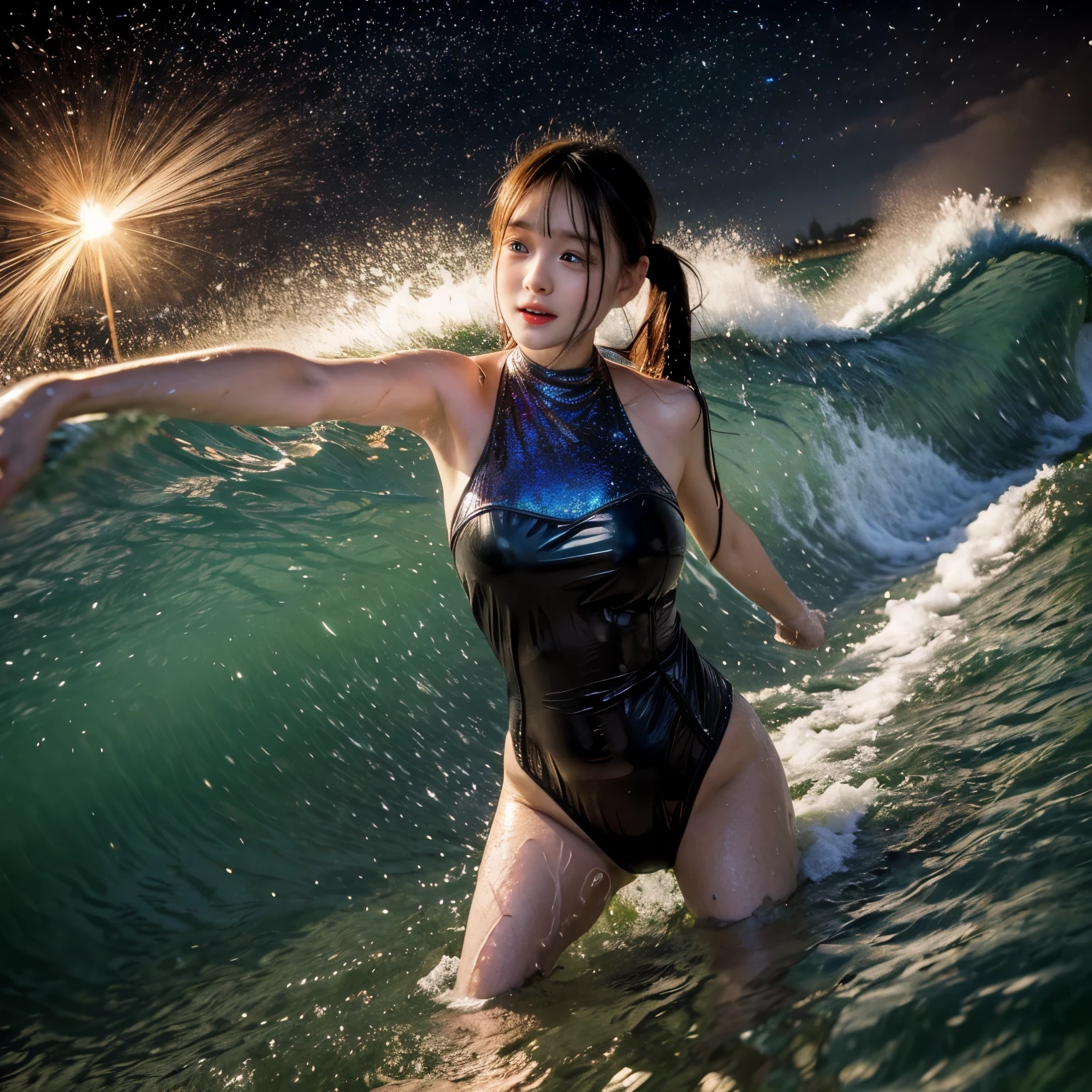 (ZoomedOut:1.28, Wide-shot) ZoomLayer (Epic photo of surfer magazine:1.37). (Full of Water, Everything Wetted:1.4) WetHair (extremely detailed Cute Girl in RED)(SparklingHighlights:1.28), Dynamic Joyful Expressions LifeLike Rendering (ManoErina:1.0) . Overflowing Gigantic Sideboob (Clearly Visible Beautiful Breast to Buttocks Line) Tiny and Roundly Butt, Detailed wet clothing texture, see-through leotard, (Sloppy Surfboard:-1.2) Riding on waves, Sparkling water, TyndallEffect(Starry Water Particles:1.32), Whole Body proportions and all limbs are anatomically accurate