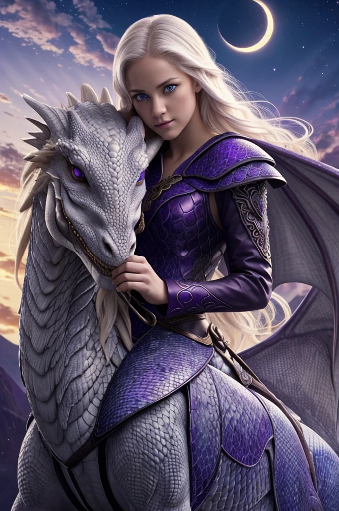 A beautiful young woman, of "white blonde hair " , and "deep violet eyes" , volando en el cielo ofl amanecer, mounted on her dragon , that its scales assume an eclipse "Landfe Action" "HD" "4k"