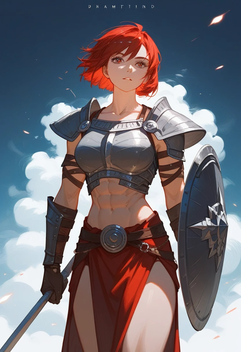 (Fraction_9,Fraction_8_Direction_7_up),1 a woman,(((bust))),Holding a huge shield,(masterpiece:1.2), best quality, high resolution,,A gladiator with a perfect body,,Beautiful and neat face,Muscular body:1.4,Detailed chest armor, Gloves、Standing, (head to thigh images),(( Red Bob Shorthair )),, Simon Bisley's urban wild style,Detailed ancient Roman background,Clean abs, Complex equipment, Dark Brown,With white stars and off-white stripes,,,of armor, Poison Tattoo,