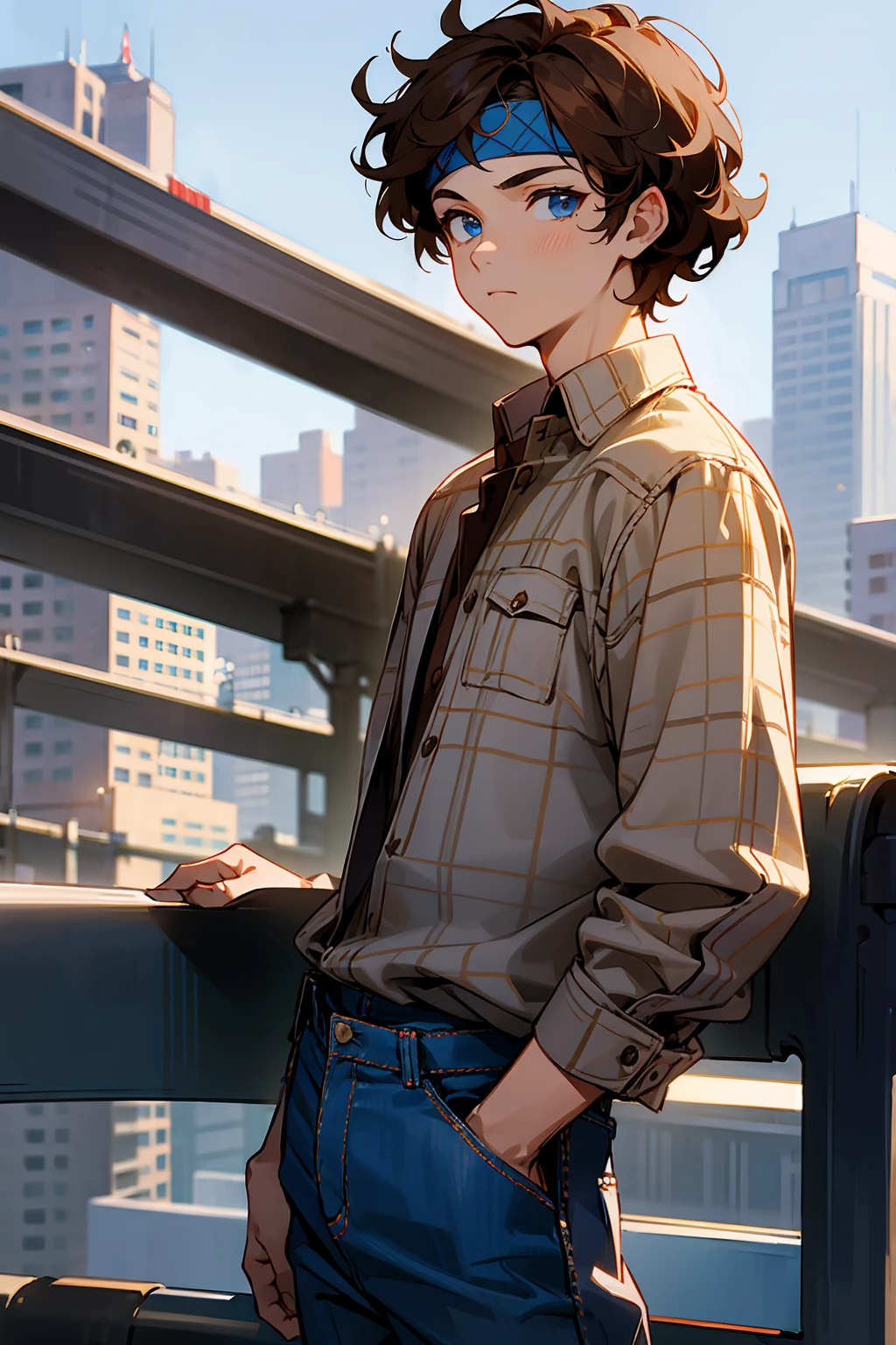 1male, Young Adult, Brown Hair, Curly Hair, Short Hair, Blue Eyes, Jeans, Headband, Flannel Shirt, City Background