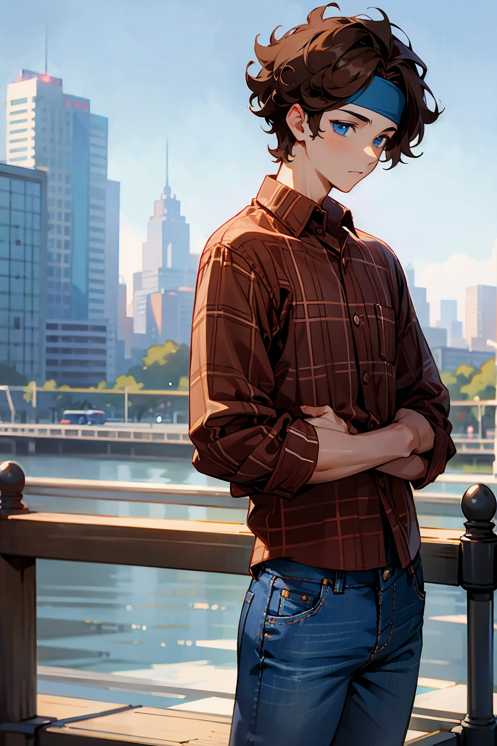 1male, Young Adult, Brown Hair, Curly Hair, Short Hair, Blue Eyes, Jeans, Headband, Flannel Shirt, City Background