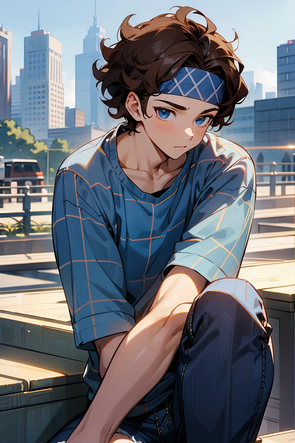 1male, Young Adult, Brown Hair, Curly Hair, Short Hair, Blue Eyes, Jeans, Headband, Flannel Shirt, City Background
