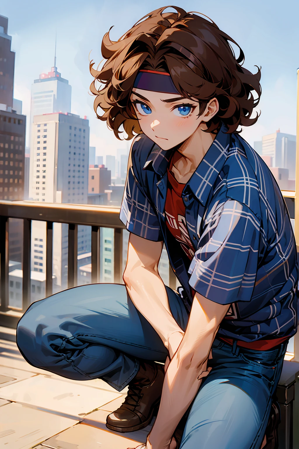 1male, Young Adult, Brown Hair, Curly Hair, Short Hair, Blue Eyes, Jeans, Headband, Flannel Shirt, City Background