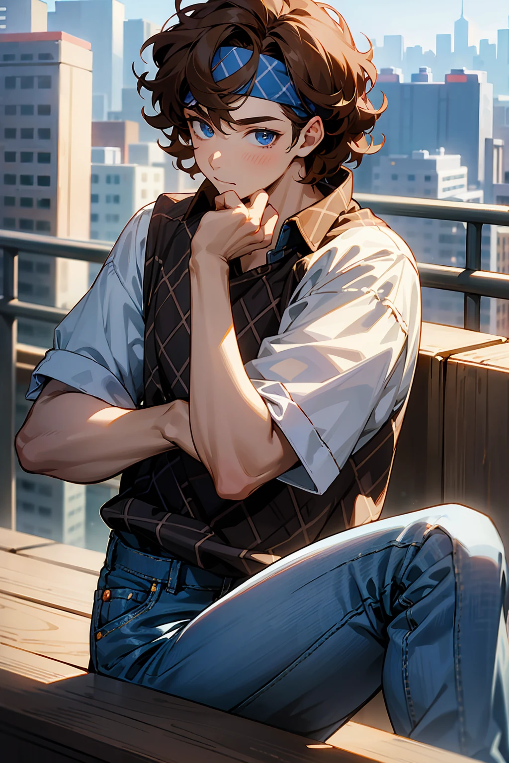 1male, Young Adult, Brown Hair, Curly Hair, Short Hair, Blue Eyes, Jeans, Headband, Flannel Shirt, City Background
