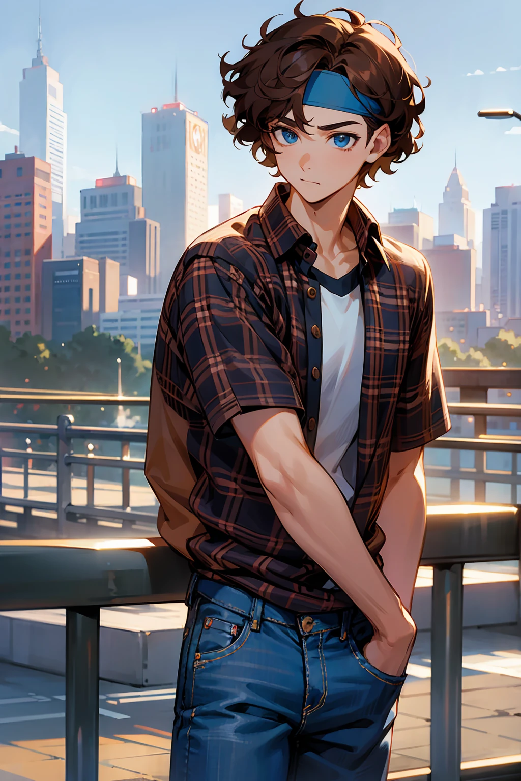 1male, Young Adult, Brown Hair, Curly Hair, Short Hair, Blue Eyes, Jeans, Headband, Flannel Shirt, City Background