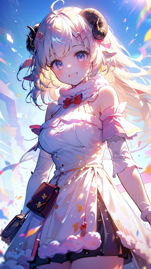 (Ultra-high resolution,masterpiece, Attention to detail, Highest quality), 8k,(watamebase, very long hair, ahoge, hairclip, fur-trimmed dress, bowtie, detached sleeves, pouch, cape),(Blessed,Captivating body、Ultra-detailed skin、Super beautiful eyes、Detailed Background),One girl、 (cheerful ,enjoy :1.5),