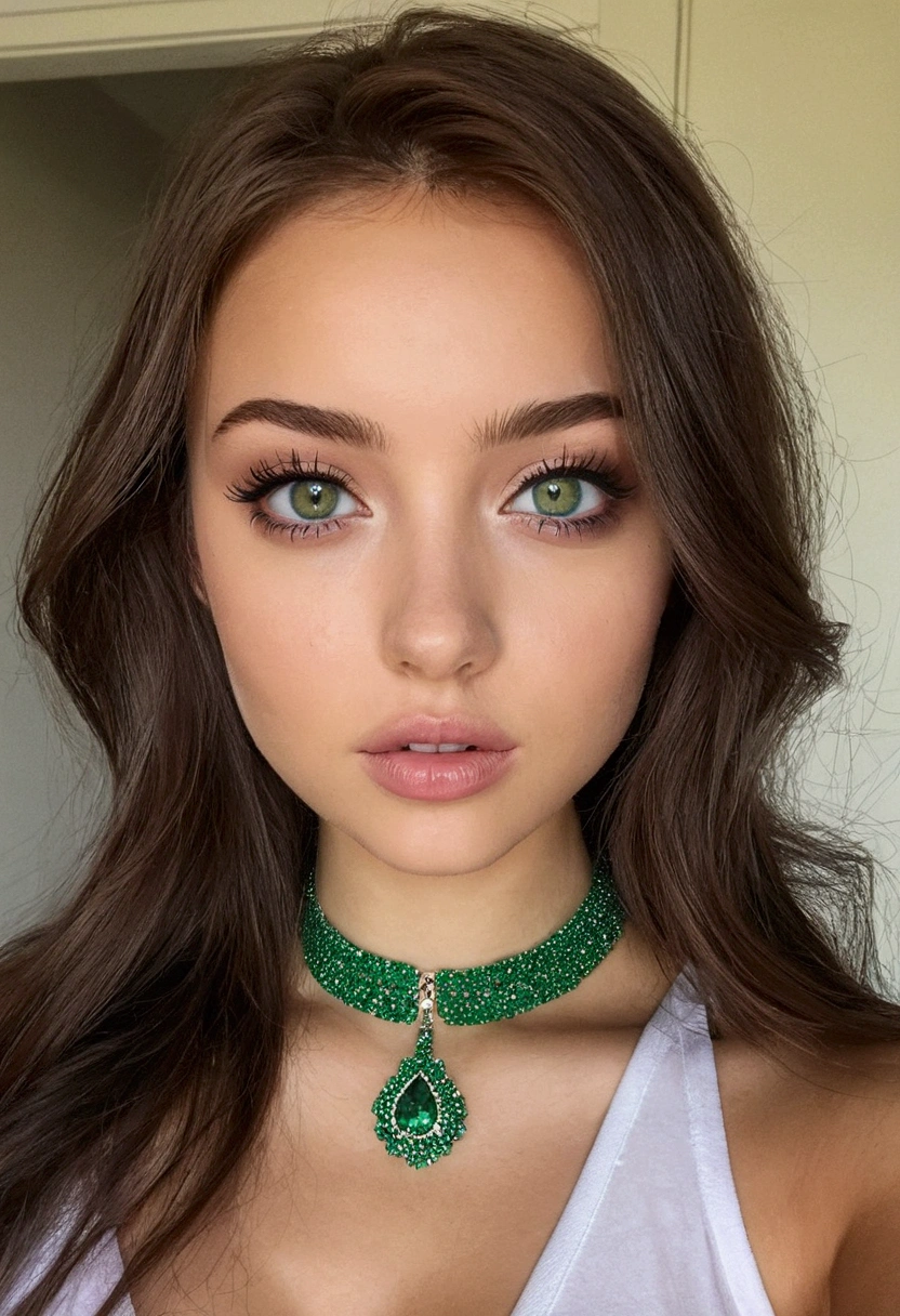 Arafed Femme portant un débardeur blanc et un collier, Fille sexy aux yeux verts, Portrait Sophie Mudd, cheveux bruns et grands yeux, selfie d'une jeune femme, yeux de la chambre, Violette Myers, maquillage, en soirée